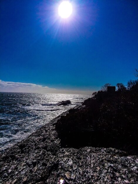 Scenic view of sea against clear blue sky