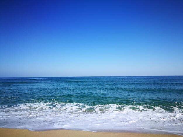 Scenic view of sea against clear blue sky