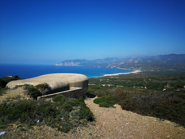 Scenic view of sea against clear blue sky