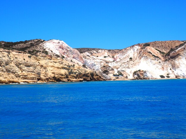 Scenic view of sea against clear blue sky