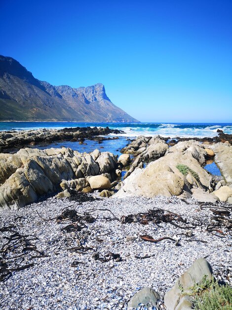 Scenic view of sea against clear blue sky