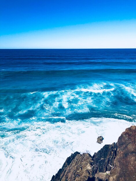 Scenic view of sea against clear blue sky