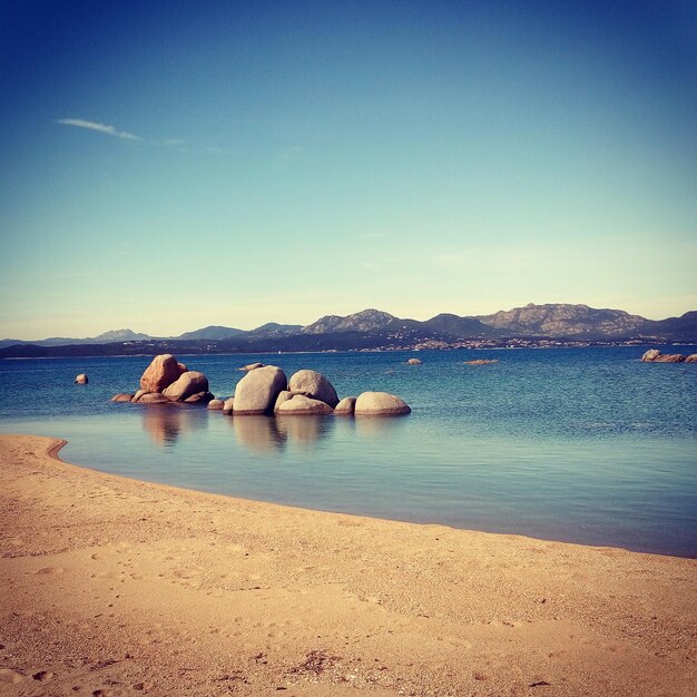 Scenic view of sea against clear blue sky