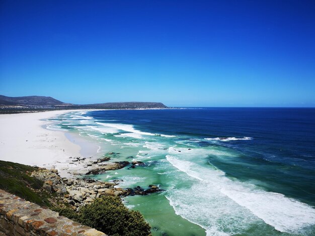 Scenic view of sea against clear blue sky