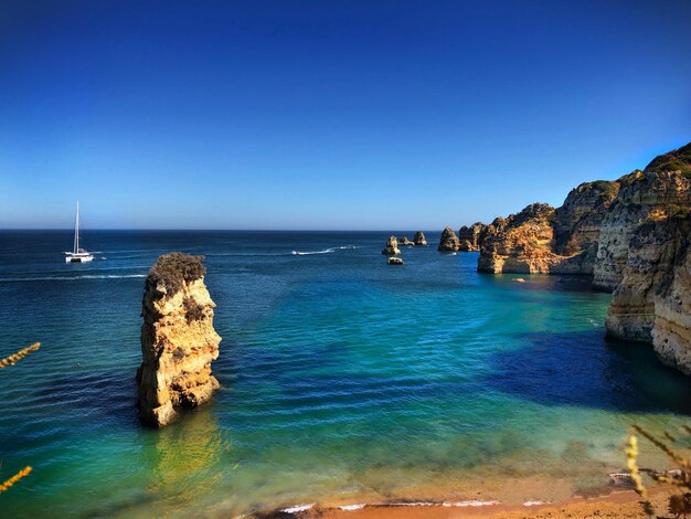 Scenic view of sea against clear blue sky