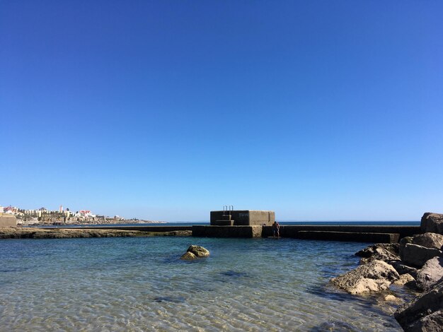 Scenic view of sea against clear blue sky