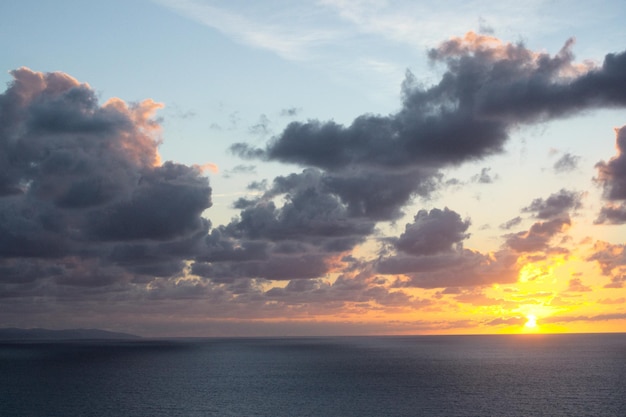 夕暮れ の 時 の 雲 の ある 空 に 対し て の 海 の 景色