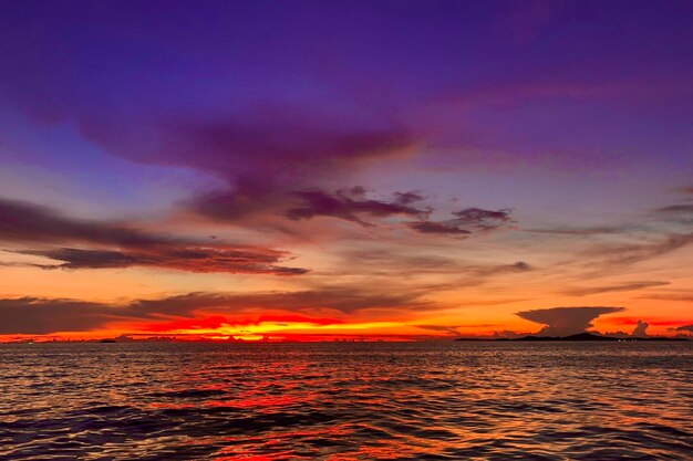 Scenic view of sea against dramatic sky during sunset