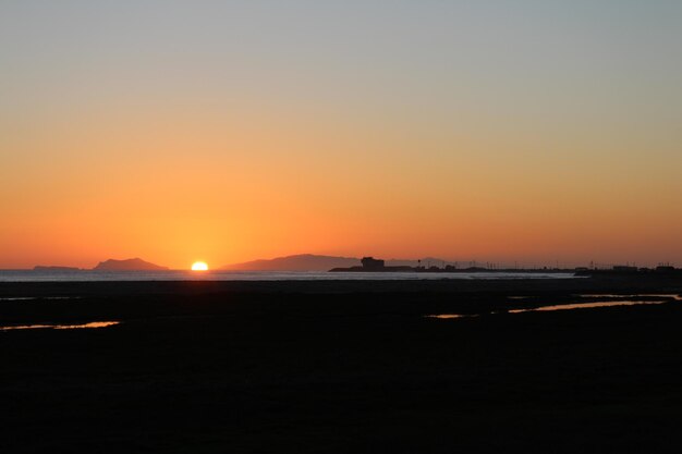 Scenic view of sea against orange sky