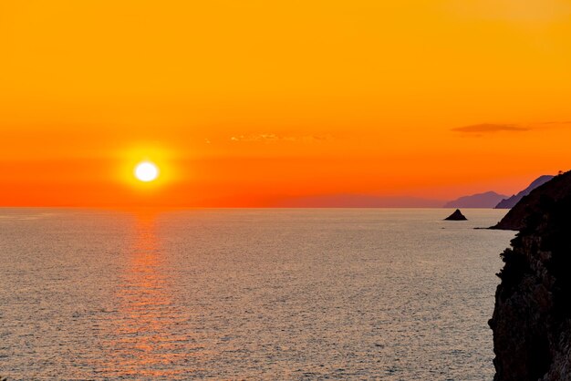 Scenic view of sea against orange sky