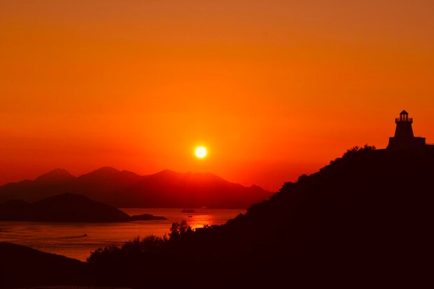 Scenic view of sea against orange sky