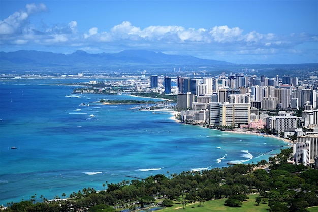 Scenic view of sea by city against sky