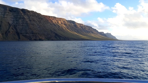 Scenic view of sea and mountain against cloudy sky