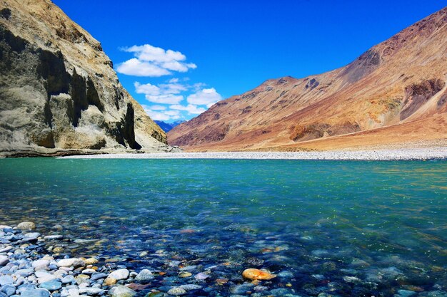 Scenic view of sea and mountains against blue sky