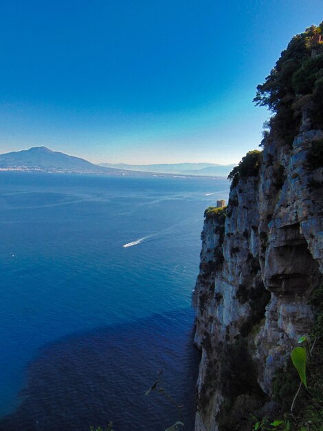 Scenic view of sea and mountains against blue sky