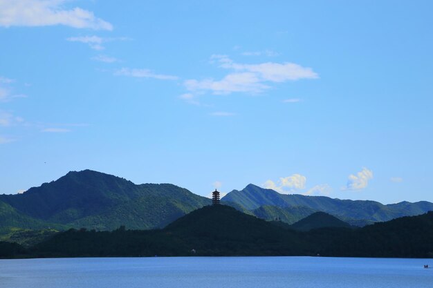 Scenic view of sea and mountains against blue sky