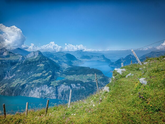 Scenic view of sea and mountains against blue sky