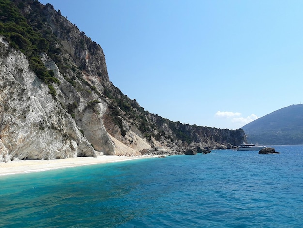 Scenic view of sea and mountains against clear blue sky