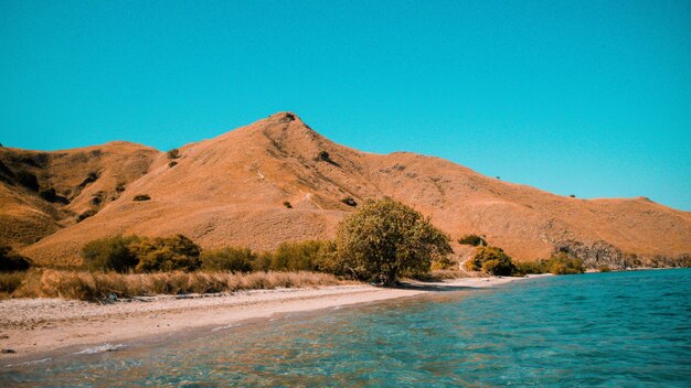 Scenic view of sea and mountains against clear blue sky