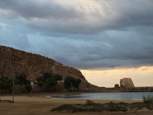 Scenic view of sea and mountains against sky