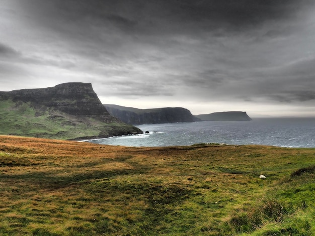 Scenic view of sea and mountains against sky