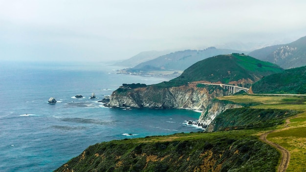 Scenic view of sea and mountains against sky