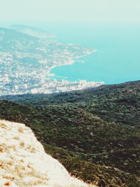 Scenic view of sea and mountains against sky