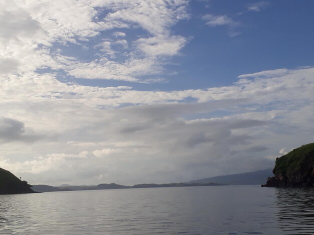 Scenic view of sea and mountains against sky