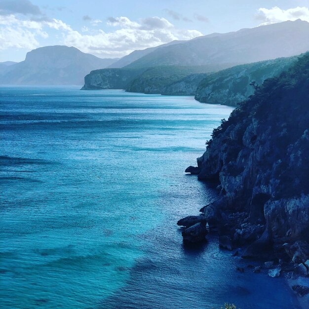 Scenic view of sea and mountains against sky