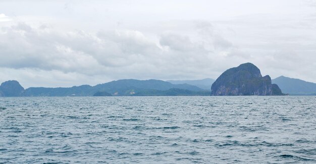 Scenic view of sea and mountains against sky