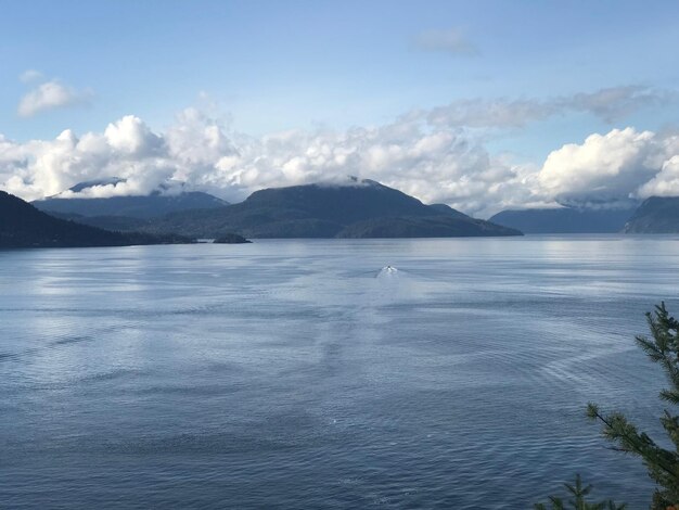 Scenic view of sea and mountains against sky