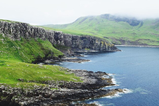 Scenic view of sea and mountains against sky