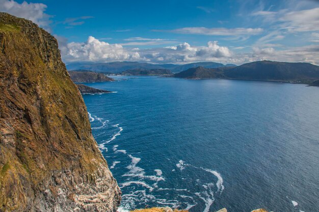 Scenic view of sea and mountains against sky