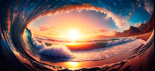 Scenic view of the sea shore waves sandy beach sun sunsetGenerative AI