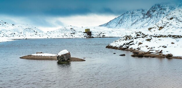 Scenic view of sea and snowcapped mountain against sky