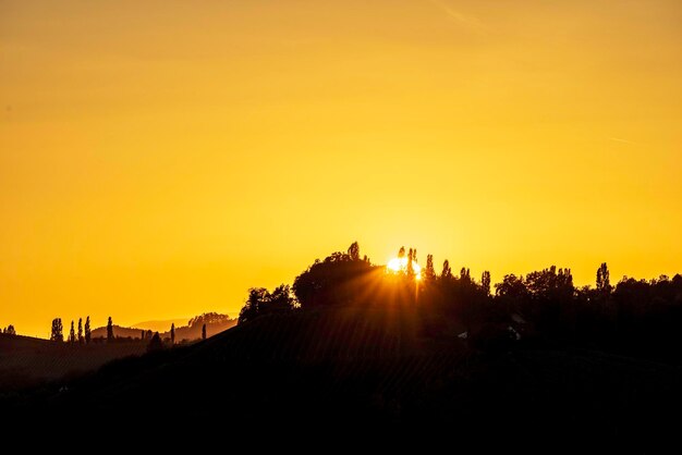 Scenic view of silhouette landscape against clear sky during sunset