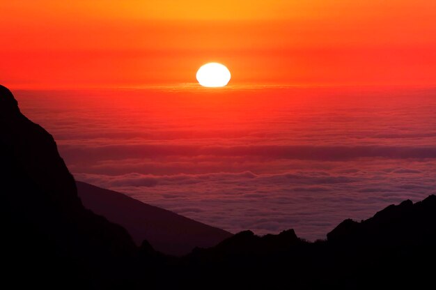 夕暮れの空を背景に海から見える山のシルエットの景色