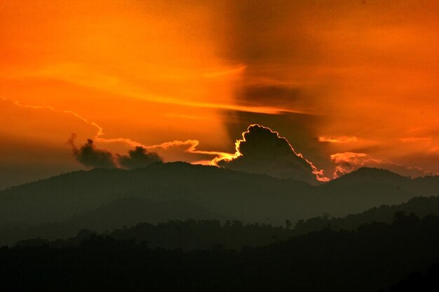 Scenic view of silhouette mountains against sky at sunset