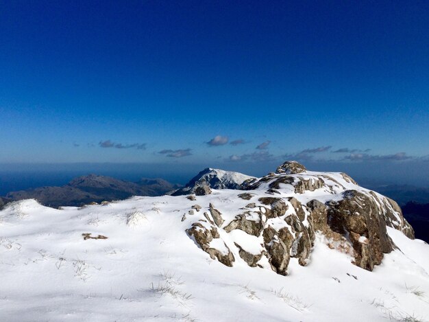 Scenic view of snow against clear blue sky