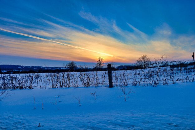 Scenic view of snow covered field against sky during sunset