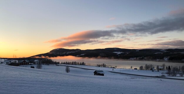 Scenic view of snow covered field against sky at sunset