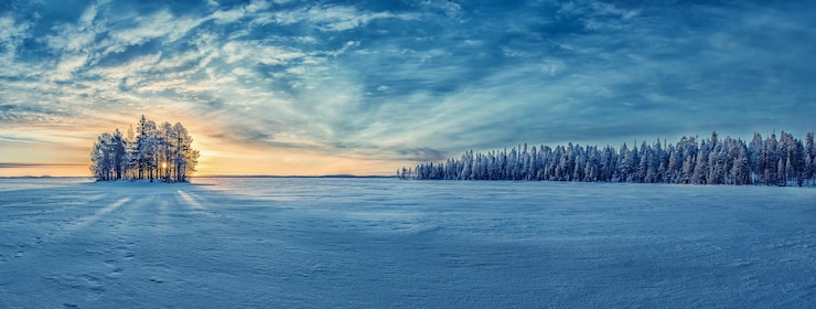 Фотография пейзажный вид на покрытую снегом землю на фоне неба