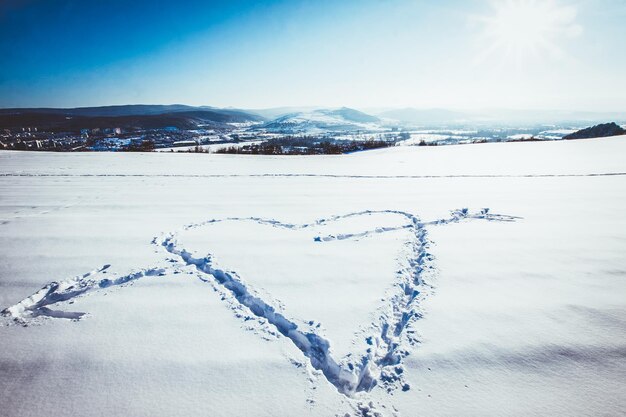 Scenic view of snow covered land and mountains against sky