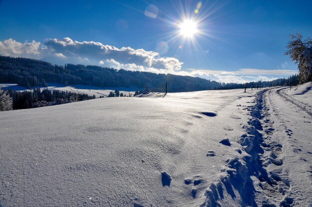 Scenic view of snow covered landscape against sky