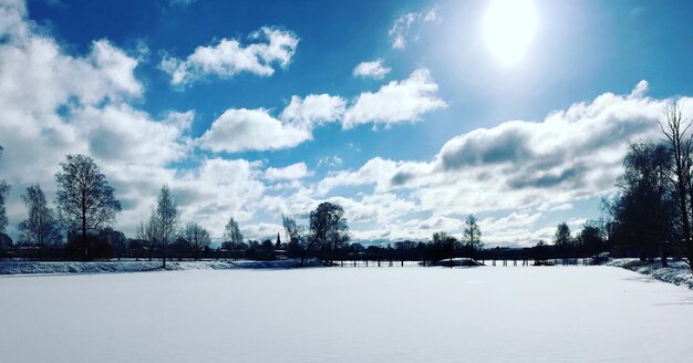 Scenic view of snow covered landscape against sky