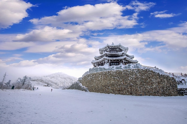 Scenic view of snow covered mountain against sky