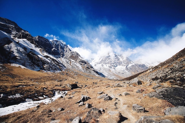 scenic view of snow covered mountains against blue sky
