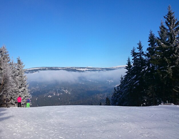 Foto la vista panoramica delle montagne coperte di neve contro un cielo blu limpido