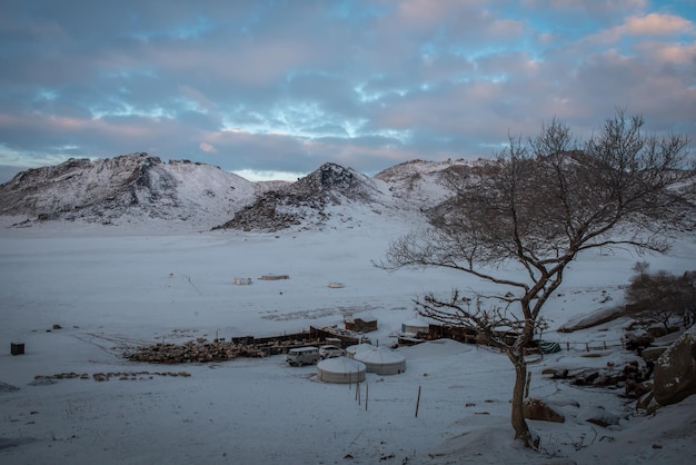 Scenic view of snow covered mountains against sky