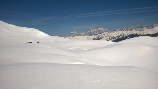 Scenic view of snow covered mountains against sky